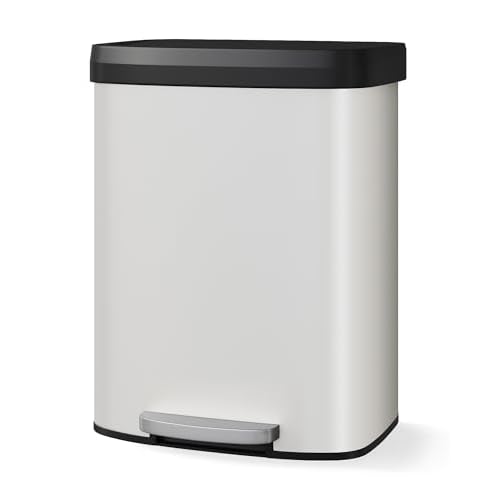 Garvee 16 gal / 60 L Metal Trash Can with Lid, Large Garbage Can for Kitchen, Rustproof Step-on Kitchen Metal Trash Bin with Liner Rim, Rear Handle, Soft Close Plastic Lid, White