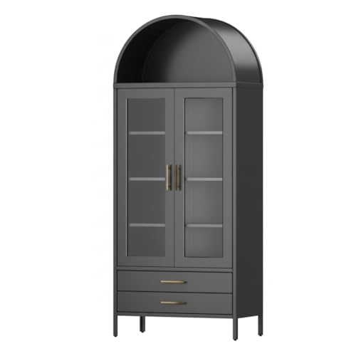GarveeHome 73 in Tall Arched Cabinet with Glass Doors & 2 Storage Drawers, Modern Display Cabinet with 2 Adjustable Shelves, Kitchen Pantry Storage Cabinet for Living Dinning Room, Black 2PC