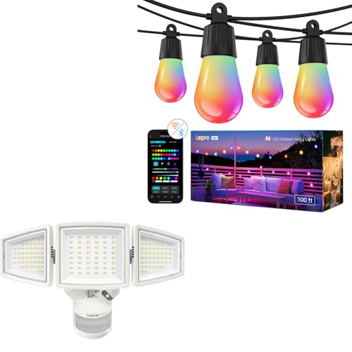 Lepro Bundle - White LED Security Light 3 Adjustable Heads & AI Smart Outdoor String Lights