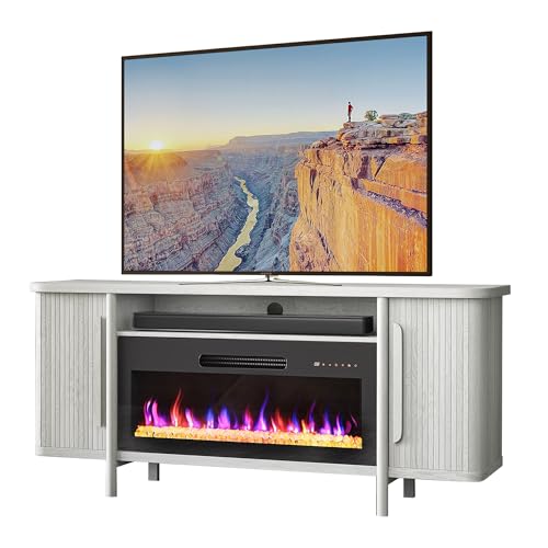 BELLEZE 66" TV Stand with 36" Electric Fireplace Heater, Wood Console Table for TVs up to 75", Entertainment Center with Storage Cabinets for Living Room, Bedroom - Portman (White Sand)