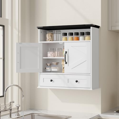 Farmhouse Wall Mounted Medicine Cabinet with Adjustable Shelves, Double Barn Doors & Removable Drawer - Rustic Bathroom Over The Toilet Storage Cabinet for Bathroom, Kitchen, Hallway