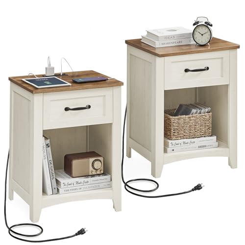 VASAGLE LIRY Collection - Farmhouse Nightstands with Charging Station, Set of 2 Bedside Tables, Side Tables with Drawer, Open Compartment, for Bedroom, Rustic White and Honey Brown ULET859K4