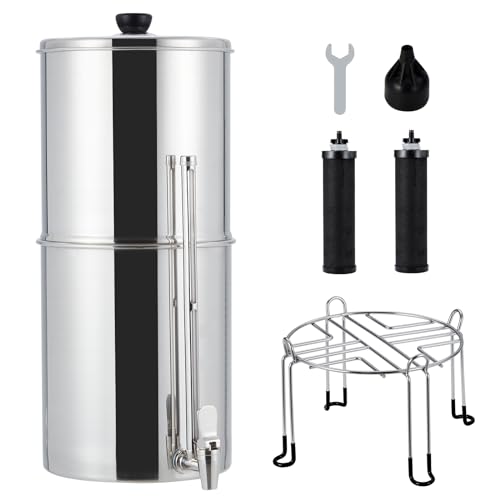 Garvee 2.25G Gravity-fed Water Filter System, Stainless Steel Countertop Filter System with 2 Filters and Stand, Reduce 99% Chlorine, for Home, Camping, RV, Fishing