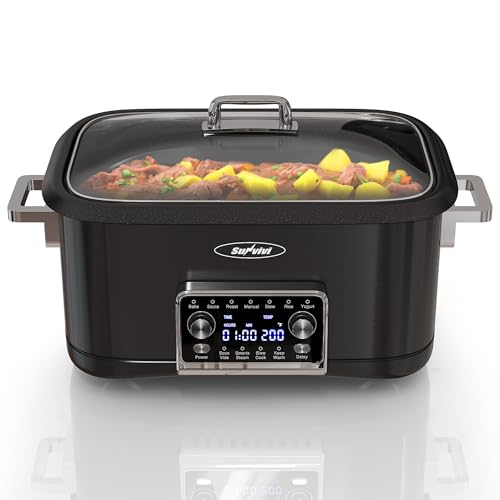 Sunvivi 8 Quart Slow Cooker Roaster Oven, 12 in 1 Programmable Multi-Cooker Food Warmer with Digital Timer, Temp Control, Removable Cast Aluminum Pot & Dishwasher-Safe Tempered Glass Lid, Bl