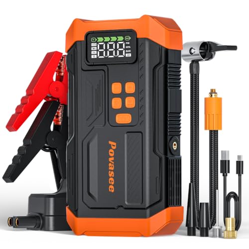 5000A Jump Starter with Air Compressor,Car Jumper Starter Portable with 150PSI Tire Inflator 12V Jump Box (Up 9L Gas/8L Diesel Engine with LCD Display,Flashlight,Storage Case（Orange