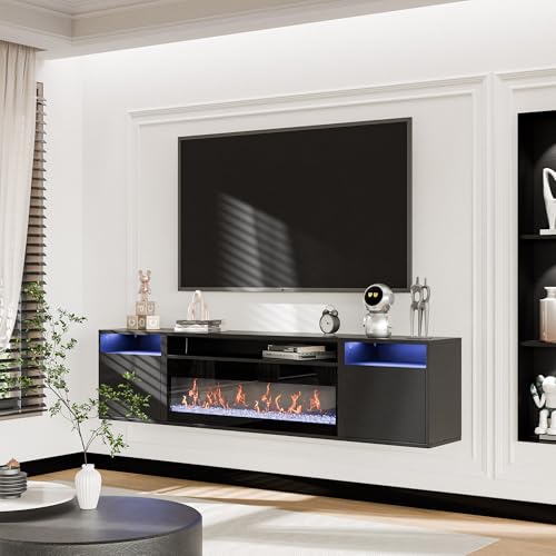 BELLEZE 70" Floating Fireplace TV Stand Wall Mounted with 36" Electric Fireplace,960 RGB Colors Entertainment Center with Storage for TVs up to 80", Modern Media Console TV Shelf for Living