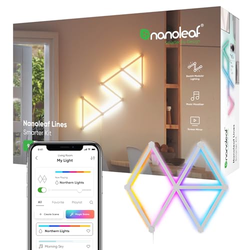 Nanoleaf Lines WiFi Smart RGBW 16M Color LED Dimmable Gaming and Home Decor Wall Lights Smarter Kit (60 Degree Smarter Kit (9 Lines))
