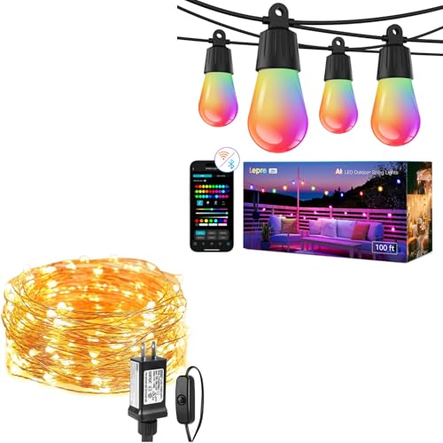 Lepro Bundle - 33ft Plug in Fairy Lights & AI Smart Outdoor String Lights