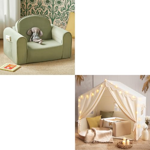 Tiny Land Kids Tent with Mat and Star Lights，2-in-1 Foldable Kids Couch with Pockets – Soft Thick Toddler Sofa