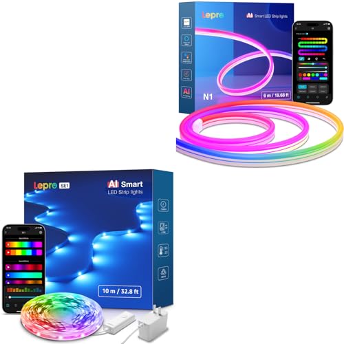 Lepro Bundle – 2 Items：N1 19.68ft AI Smart RGB Rope Lights for Christmas Decorations & SE1 32.8ft AI Smart LED RGB Strip Lights