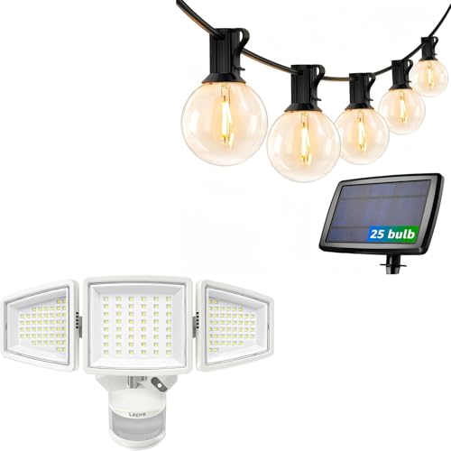 LE Bundle - White LED Security Light 3 Adjustable Heads & 25 ft Solar String Lights G40 Edison Bulbs String Lights
