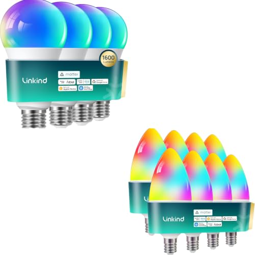 Linkind Matter Smart Light Bulbs, E12 Led Bulb+Matter Smart Light Bulb,1600LM 100W