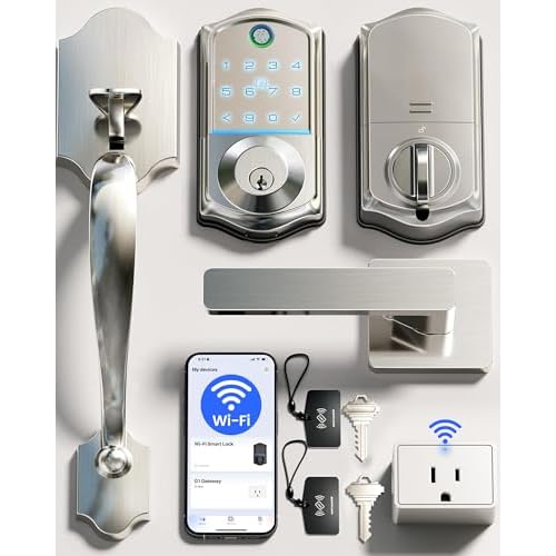Veise VE017G-H Wi-Fi Smart Door Lock Deadbolt with Handle Set, Satin Nickel