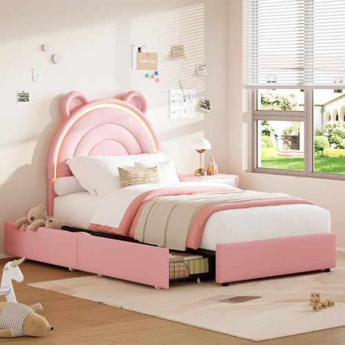 Garvee LED Twin Bed Frame for Kids with 2 Storage Drawers, Pink