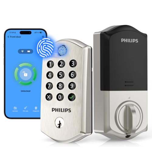 Philips Wi-Fi Smart Lock for Front Door, Fingerprint Keyless Entry Door Lock, Electronic Keypad Deadbolt, App Remote Control, Auto Lock, Compatible with Alexa and Google, Easy Installation