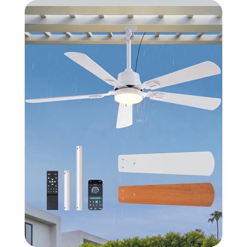 EDISHINE 52" Outdoor Ceiling Fan with Light, APP/5 Wood Blade, 6-Speed Wind