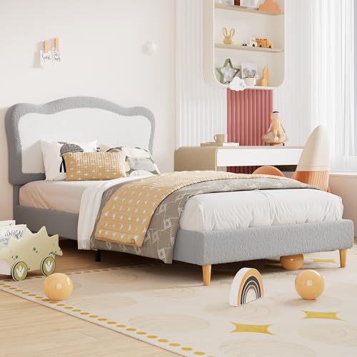 Upholstered Sturdy Twin Bed Frame for Kids, Girls, Boys, GreyWhite