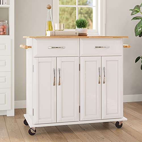 BELLEZE Rolling Kitchen Island Cart on Wheels with Storage Cabinet, Mobile Kitchen Cart Island Table with 2 Drawers Towel Racks Rubber Wood Top Coffee Bar for Dinning Room, 41.7”Lx18.5”Wx37”