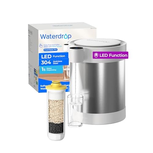 Waterdrop ED09W Rechargeable Non-Gravity Water Filter System with LED Function, Reduces 70+ Contaminants, Lead, Chlorine, 5-Stage Stainless Steel Filtration System, 22-Cup