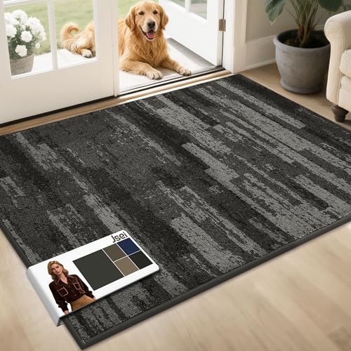 JSEI Stair Treads for Wooden Steps with Leaf Pattern and JSEI Dirt Trapper Door Mat 32"x48" Light Gray