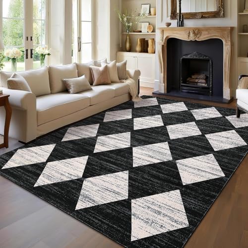 GarveeHome 10x13 Large Area Rug Washable Living Room Rug, Neutral Area Rugs for Bedroom, Dining Room, Modern Checkered Carpet Non Slip Stain Resistant Nursery Rug, Black and White Rugs