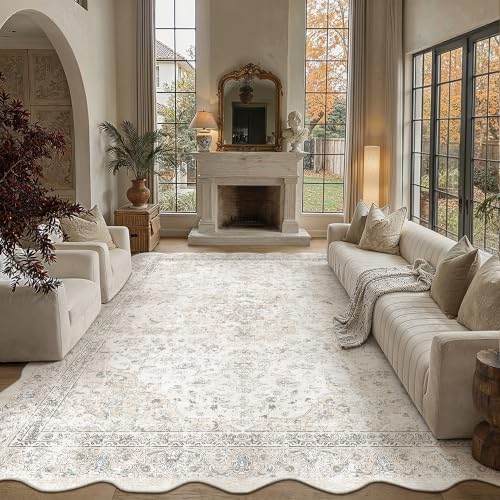 9x12 Washable Area Rug Beige Grey Non Slip Scalloped Carpet