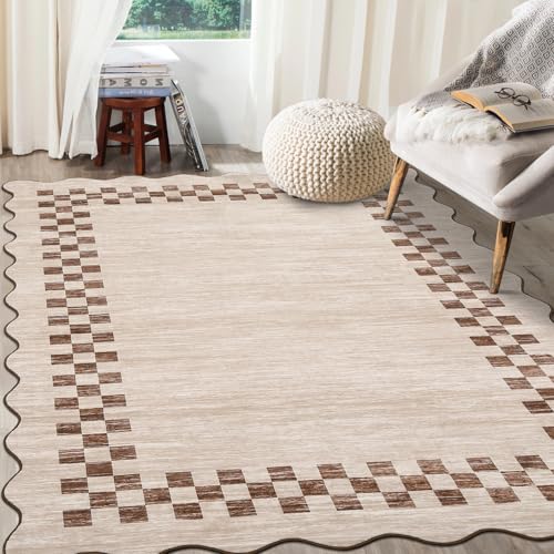 GarveeHome Area Rug 6x9 Large Living Room Washable Scalloped Rug | Non Slip Stain Resistant Dining Room Throw Carpet Modern Border Throw Rug for Bedroom Home Decor Office, Beige