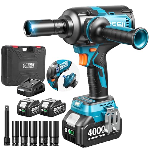 Seesii Upgraded Cordless Impact Wrench 885Ft-lbs (1200N·m): 1/2" Impact Gun with Detachable Side Handle, 21V High Torque Power Impact Driver 2x 4.0Ah Batteries for Family Car/Pickup Truck/Mo