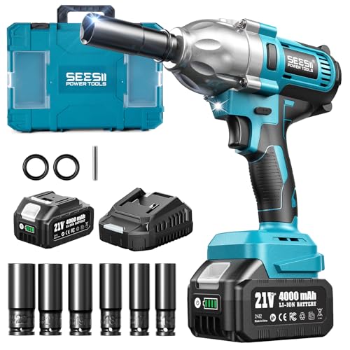 Seesii Impact Wrench 665 FT-LBS(900N.m) 3300IPM 1/2 Impact Gun High Torque Electric Impact Driver Cordless Impact Wrench with 21V 1x4.0Ah Battery 6 Sockets&Case for Home Car Tire Lug Nut Rem