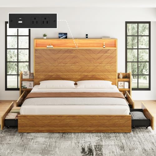 Queen Bed Frame with 4 Locking Drawers & Bedside Storage