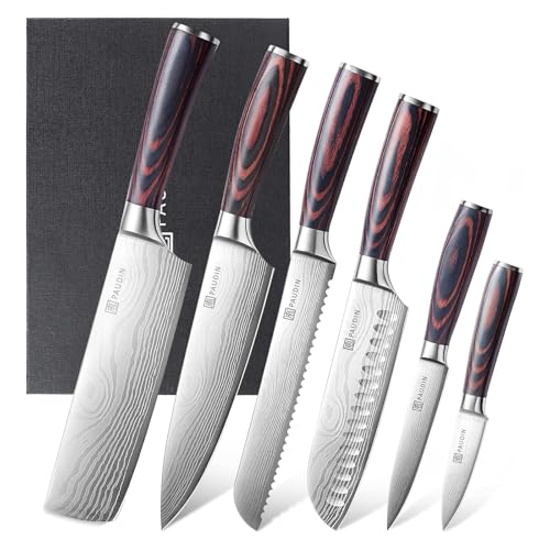 PAUDIN】 Nakiri Knife - 7" Razor Sharp Meat Cleaver and Vegetable Kitchen Knife & 5 Piece Kitchen Knife Set Come with Gift Box