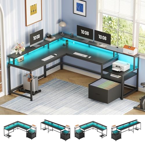 SEDETA 66" Reversible L Shaped Computer Desk with Power Outlet, File Drawer