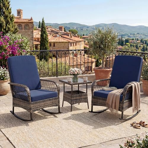 GarveeLife 3 Piece Outdoor Wicker Rocking Chair Set, Hollow Rattan Rocker Chairs with Side Table, Brown Gradient Wicker with Blue Cushions for Balcony, Patio, Garden