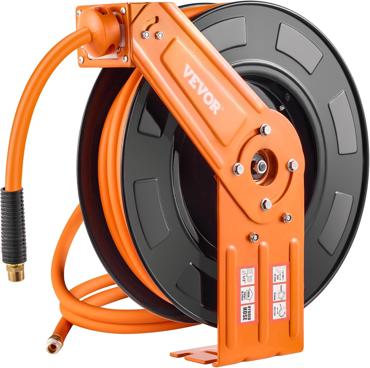 VEVOR Retractable Air Hose Reel, 1/2 IN x 50 FT Hybrid Air Hose Max 300PSI, Air Compressor Hose Reel Auto-Rewind with 5FT Lead in, Ceiling/Wall Mount Heavy Duty Single Arm Steel Reel, 1/2" N