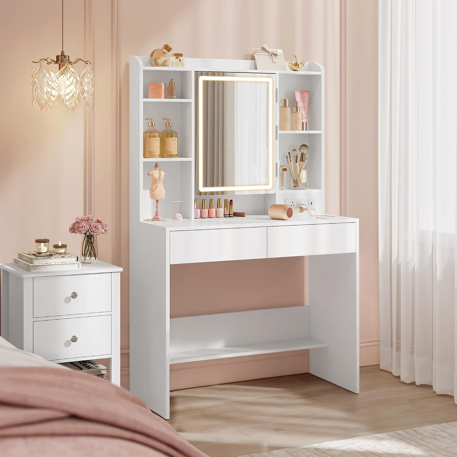 VASAGLE 35.4-Inch Vanity Desk with Mirror and Lights, 2 Drawers