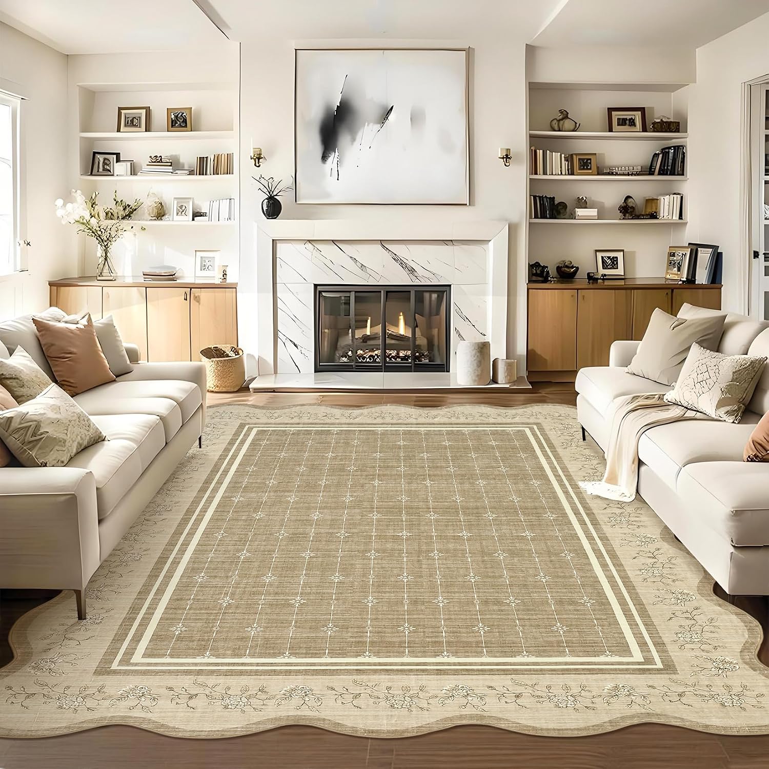 Garvee Scalloped Washable Rug 9x12 Rugs for Living Room Non Slip Camel