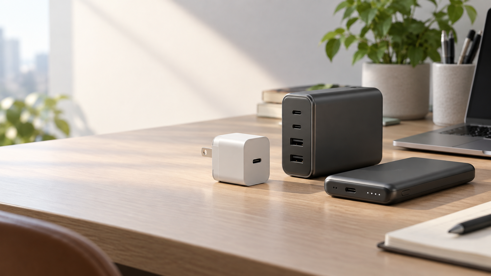Anker USB-C chargers and portable power banks arranged on a clean desk