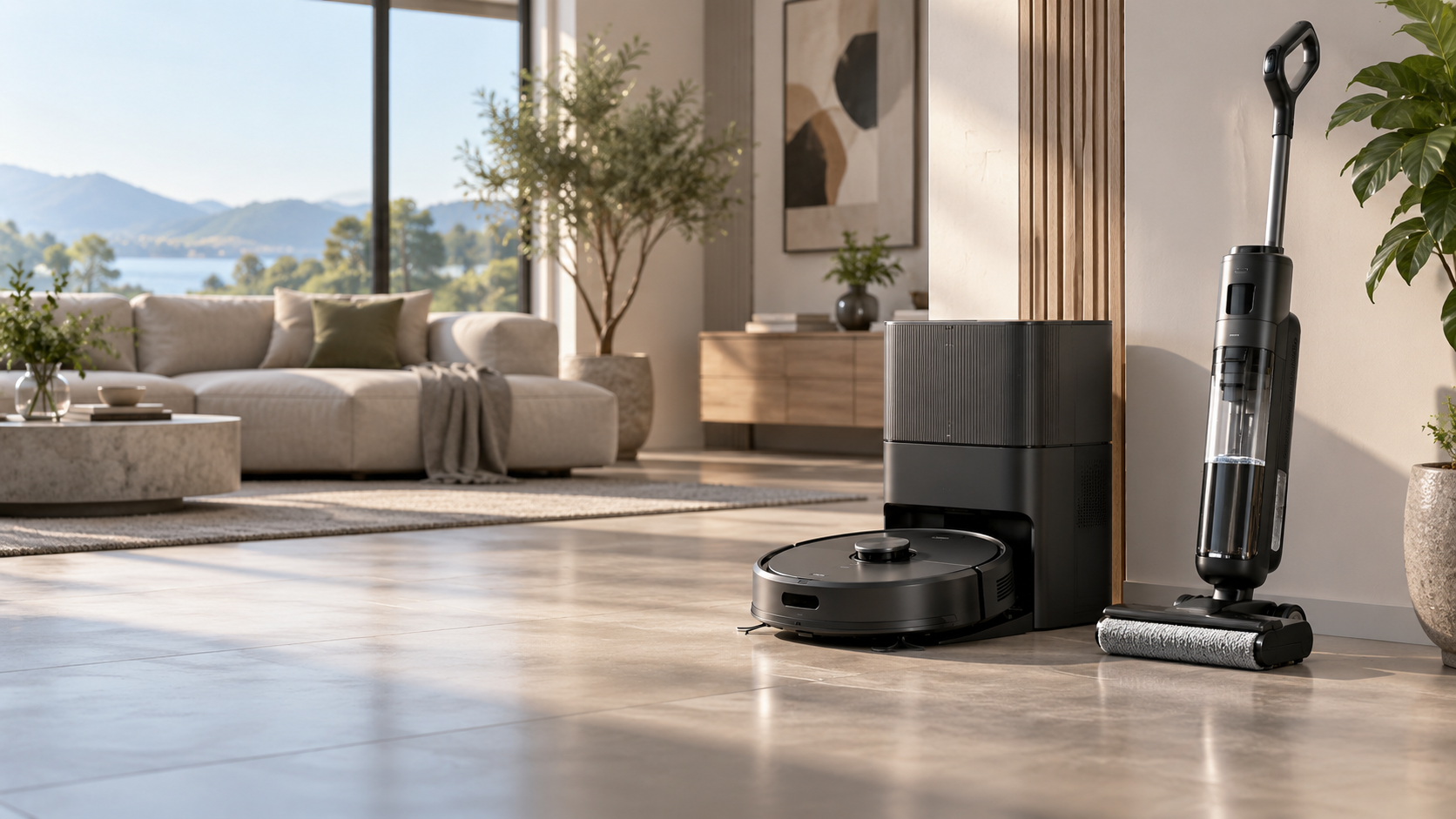 Dreame robot vacuum and wet/dry floor cleaner in a modern home