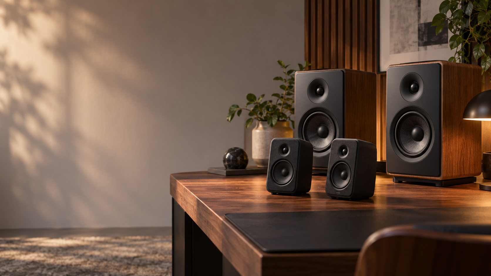 Edifier powered bookshelf and desktop speakers in a clean listening setup