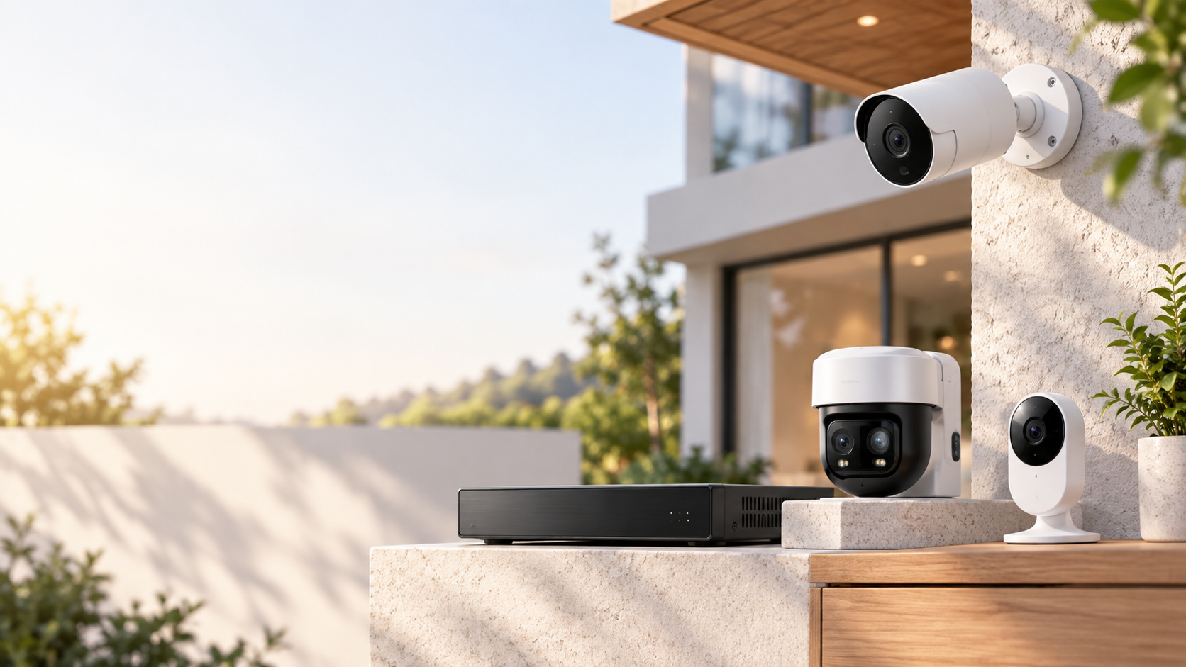Home security cameras and an NVR arranged outside a modern home