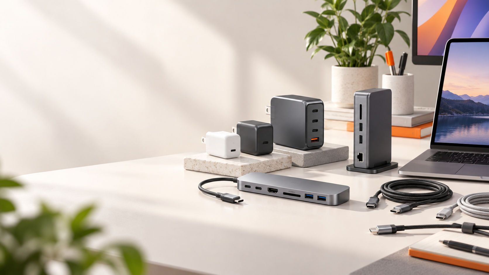 Charging adapters, USB-C hubs, and docking equipment arranged on a modern desk