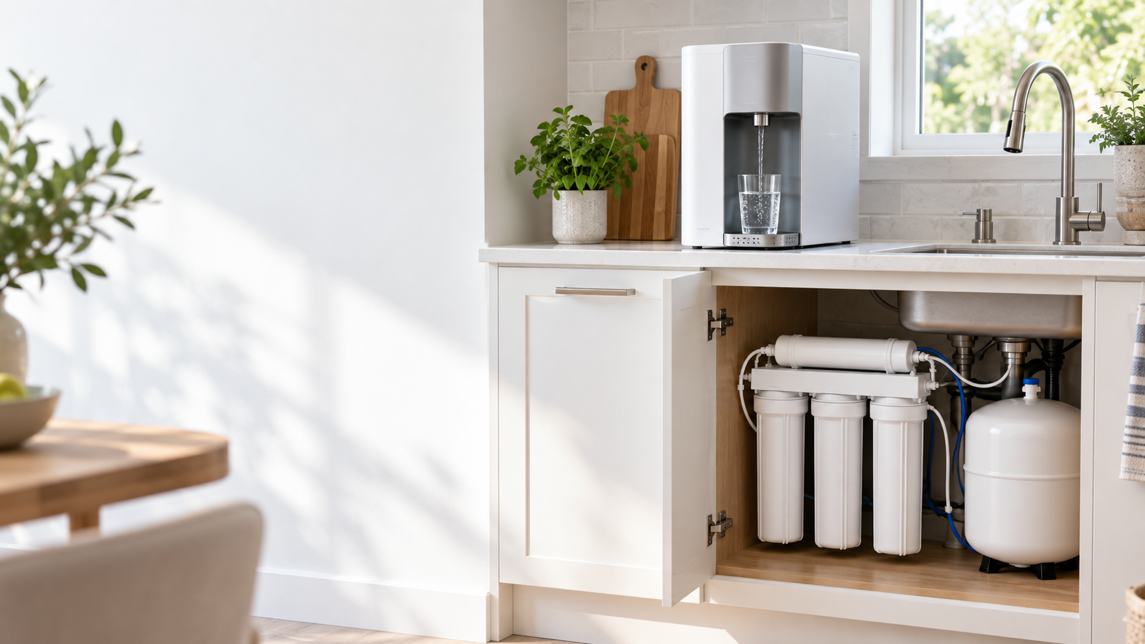 Waterdrop under-sink and countertop reverse-osmosis systems in a clean kitchen setting