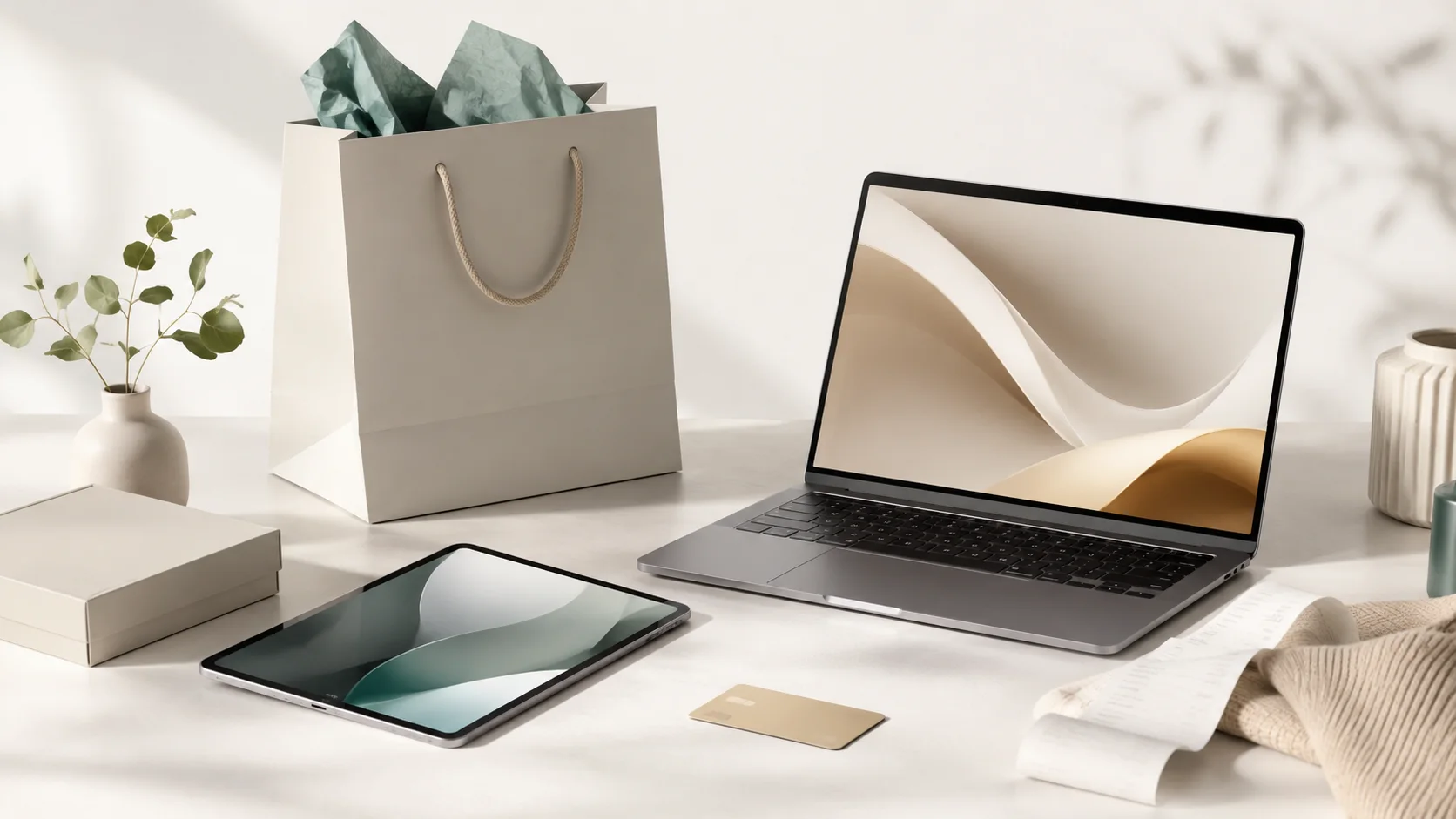 Laptop, tablet, shopping bag and gift card arranged for an Apple education promotion guide.