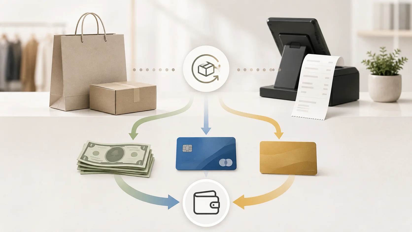 Shopping return with a receipt, credit card and gift card showing different refund paths.