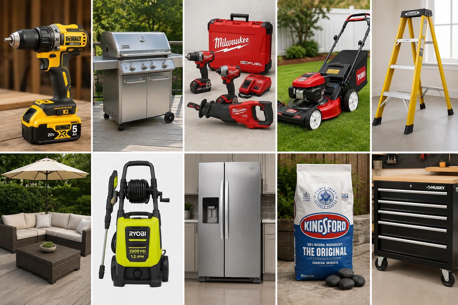 Unbranded home-improvement, outdoor and smart-home products arranged for a Labor Day savings guide.