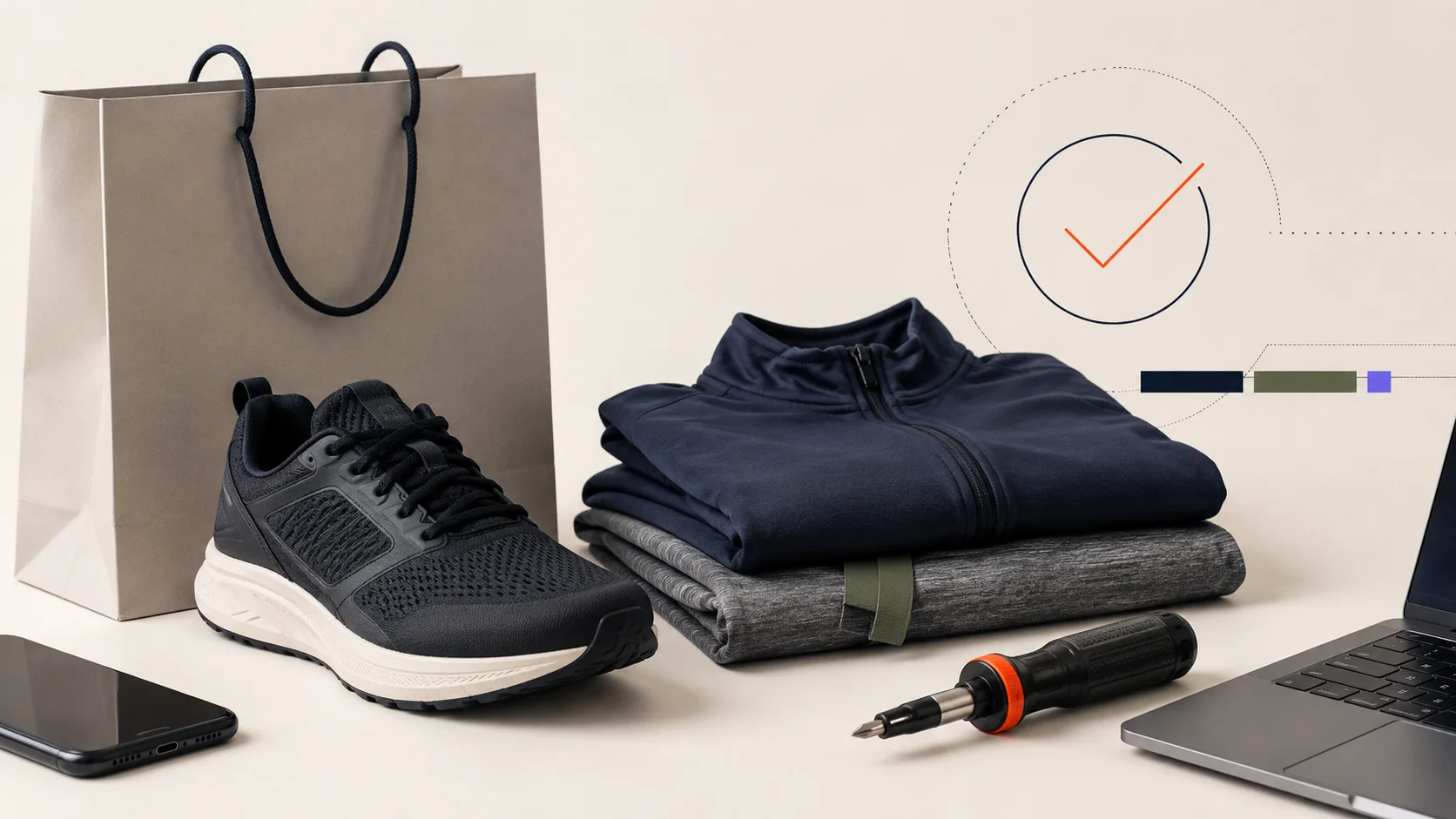 Editorial shopping analysis scene with a product, receipt, price chart, shipping box and return label