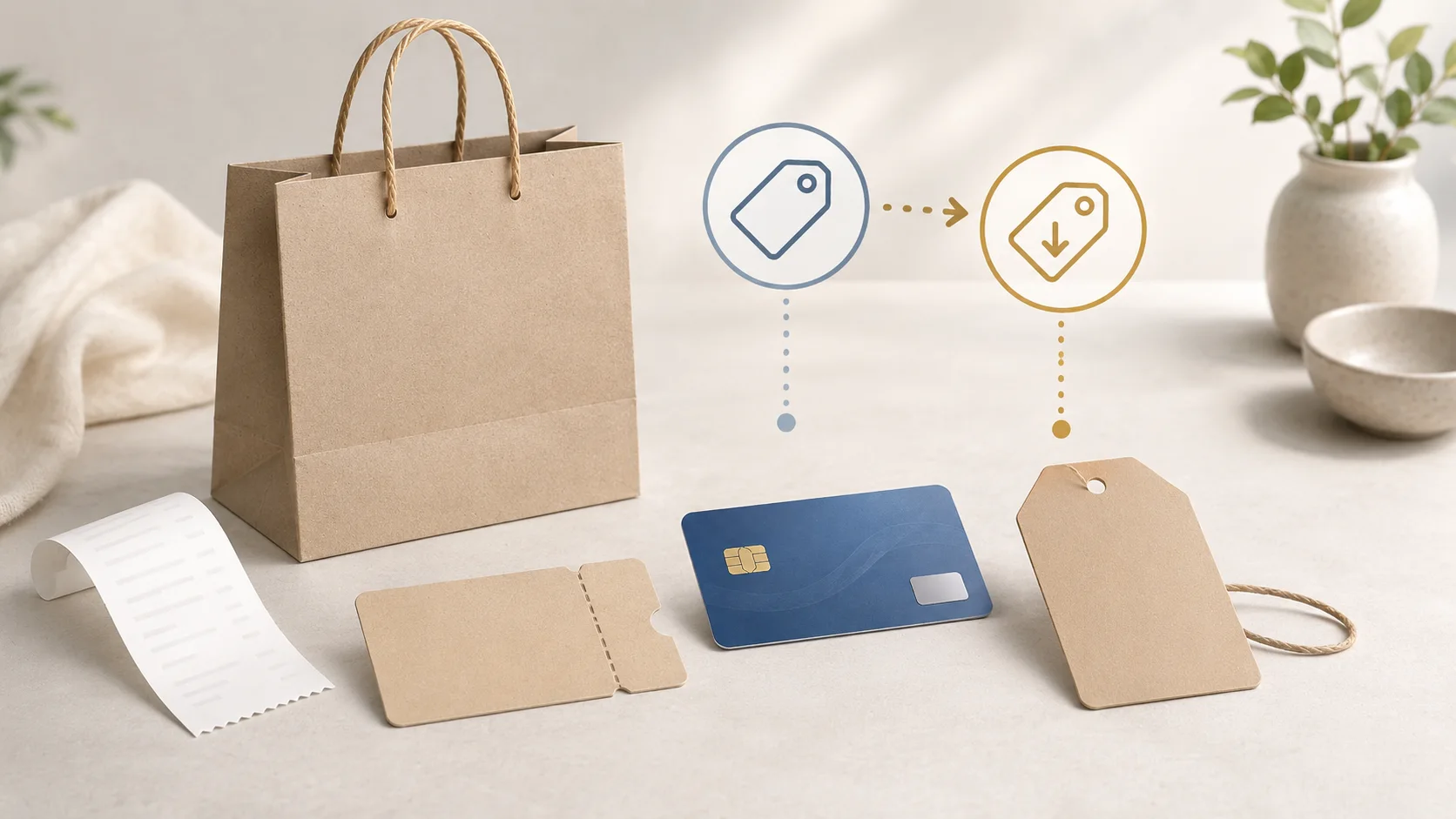 Shopping bag, receipt, payment card and price tags illustrating a post-purchase price adjustment.