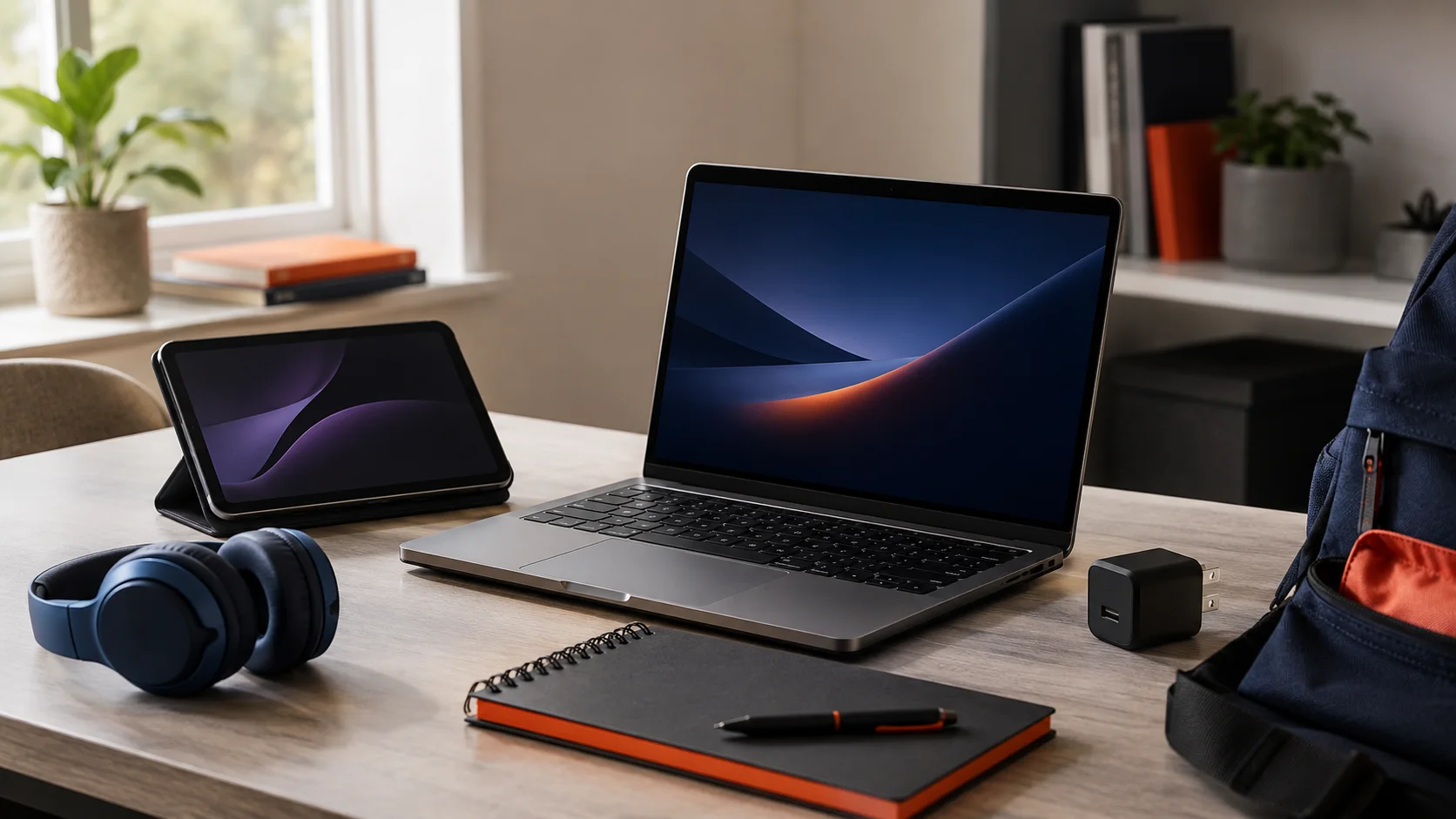Modern study desk with a laptop, backpack, headphones, notebook and compact tech accessories on a warm neutral background.