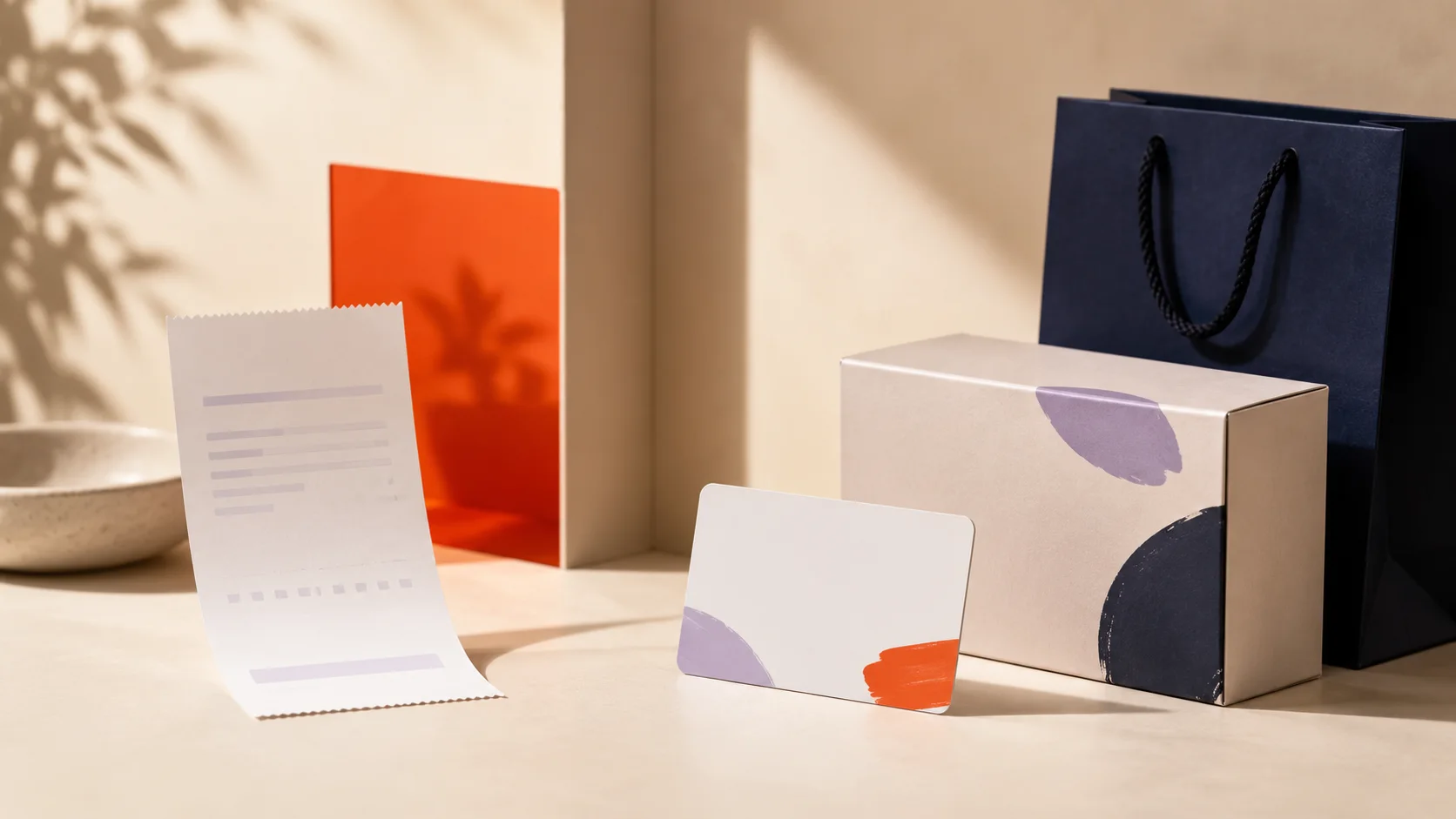 Gift card and receipt arranged to compare store credit with an immediate cash discount.