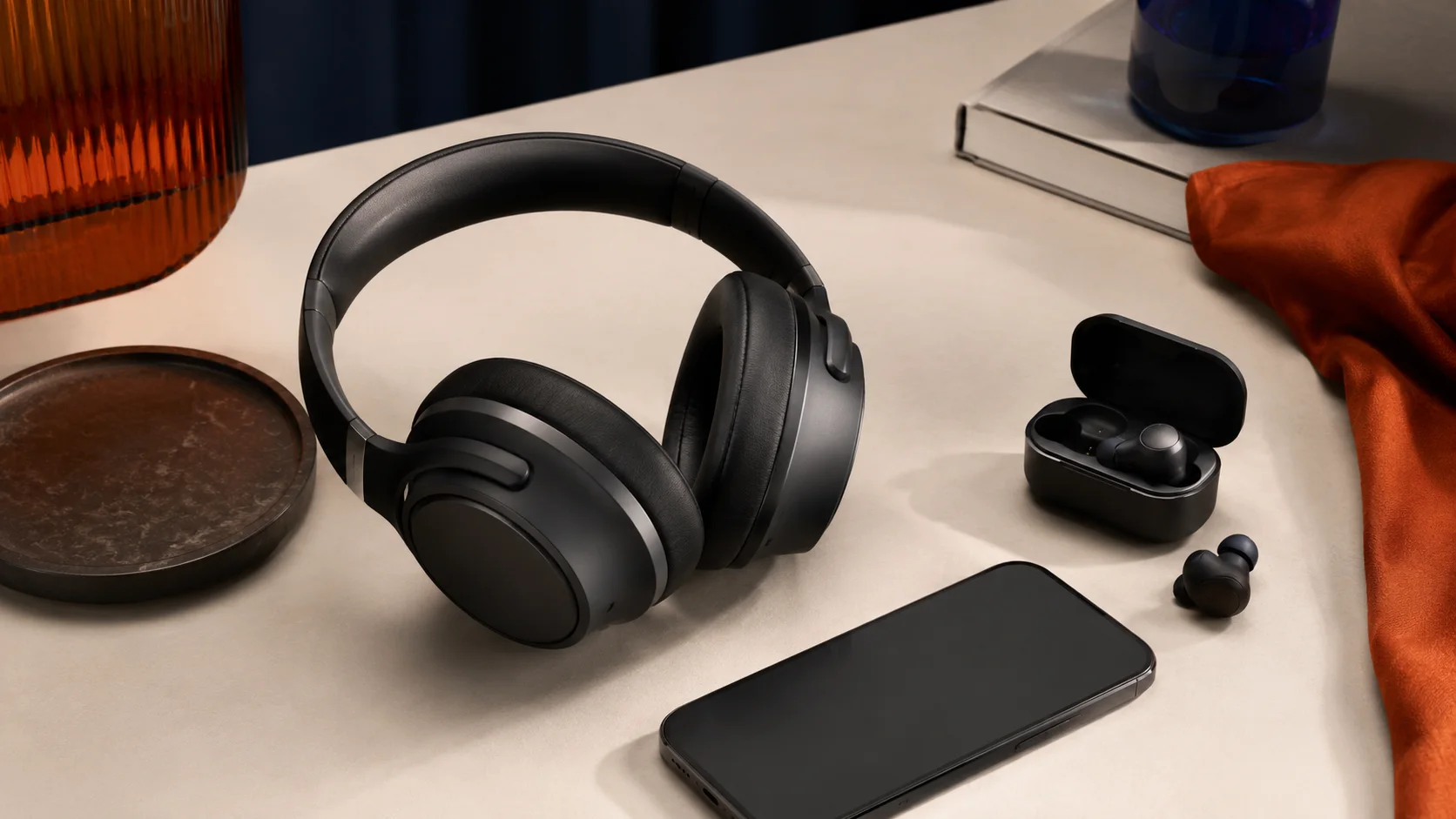 Premium over-ear headphones and wireless earbuds arranged in a clean editorial composition with warm neutral tones and subtle orange accents.